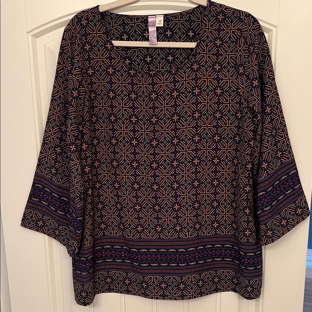 Alya Multicolor Geometric Pattern Blouse Size M 3/4 Sleeve 100% Polyester